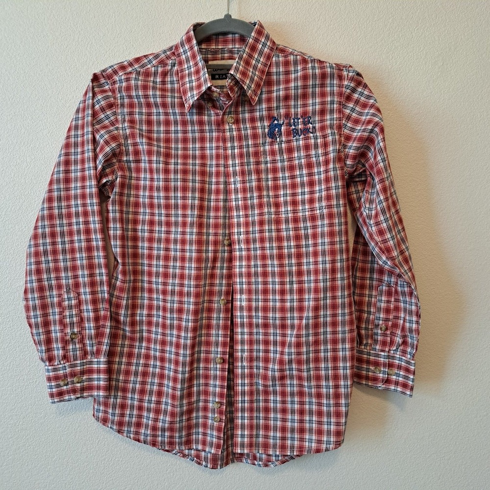 Wrangler Riata Kids Large Red Plaid Let Er Buck Western Button Down Shirt L/G